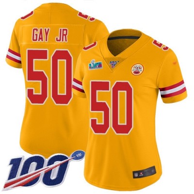 Nike Kansas City Chiefs #50 Willie Gay Jr. Gold Super Bowl LVII Patch Women's Stitched NFL Limited Inverted Legend 100th Season Jersey